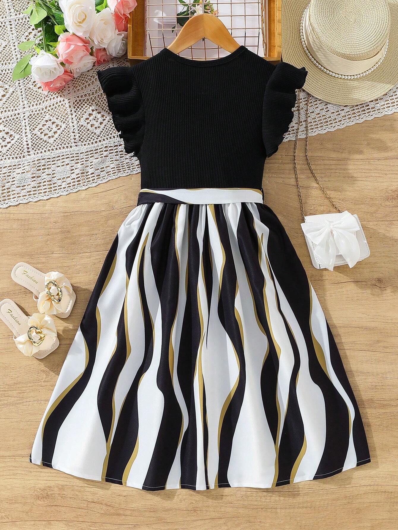 Girls Black Ribbed Top & Striped Flared Midi Dress with Bow Belt