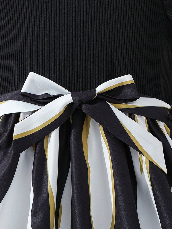 Girls Black Ruffle Sleeve Top with Striped Skirt