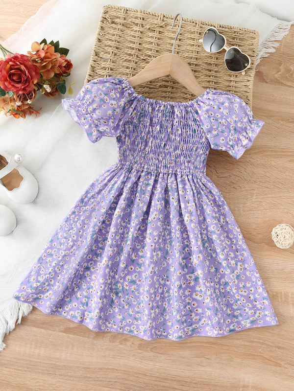 Glamgait Purple Color Floral Printed Short Sleeve A-Line Baby Dress