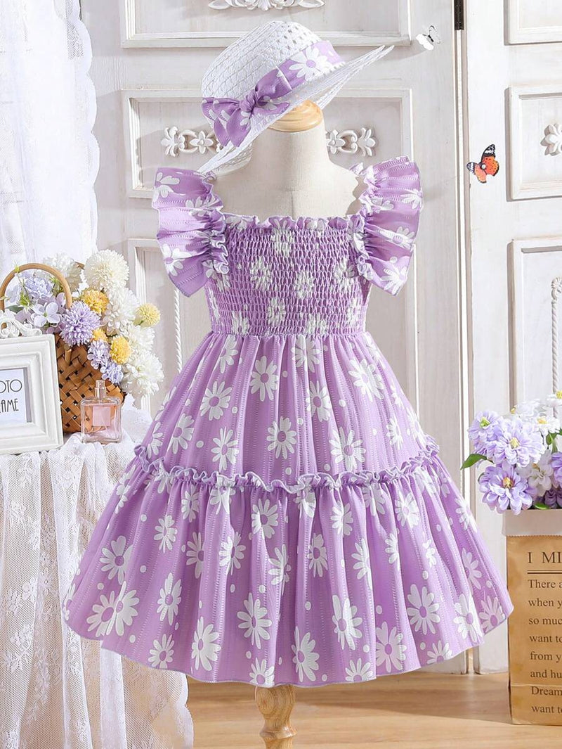 Glamgait Purple Flower Printed Flared Sleeve Baby Dress