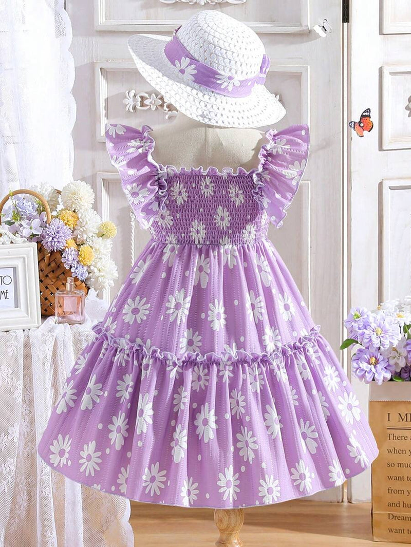 Glamgait Purple Flower Printed Flared Sleeve Baby Dress