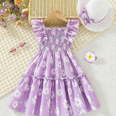 Girls Lavender Daisy Print Ruffle Sleeve Party Dress