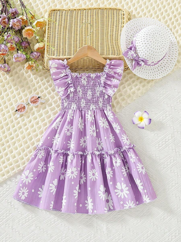 Girls Lavender Daisy Print Ruffle Sleeve Party Dress