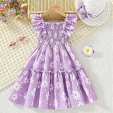 Glamgait Purple Flower Printed Flared Sleeve Baby Dress