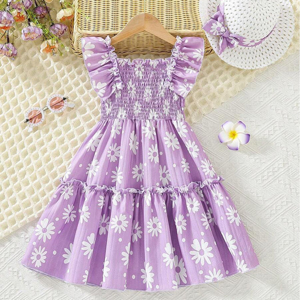 Glamgait Purple Flower Printed Flared Sleeve Baby Dress