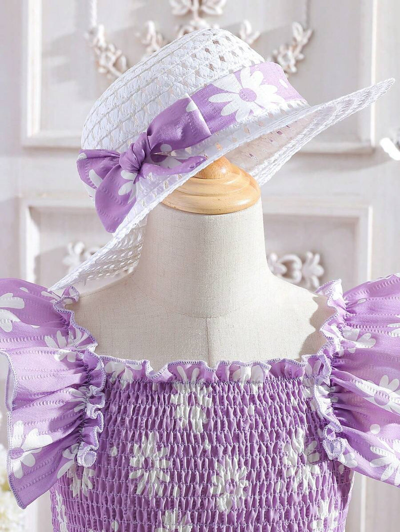 Glamgait Purple Flower Printed Flared Sleeve Baby Dress