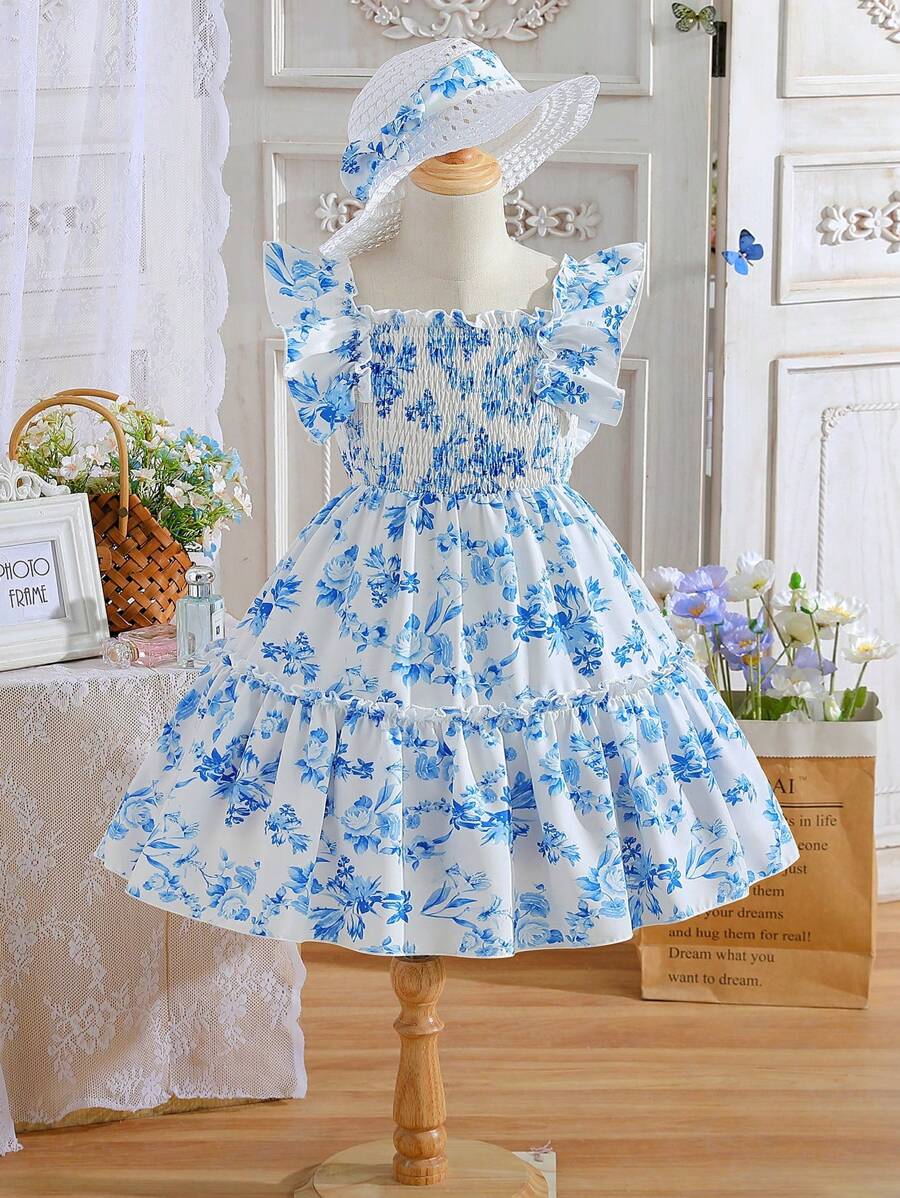 Glamgait White Floral Printed Flared Sleeve Girls Dress