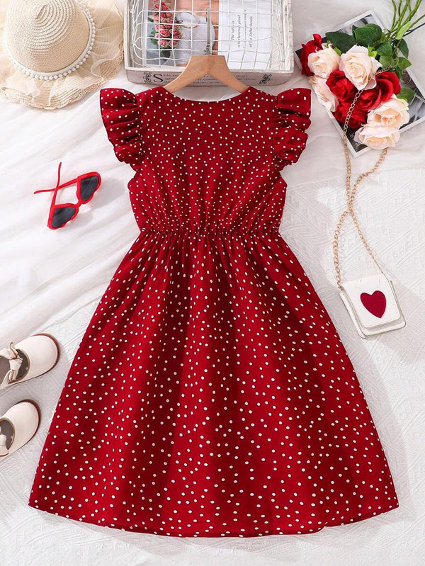 Glamgait Red Color Dotted Printed Sleeveless Midi Kids Dress
