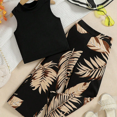 Girls Black Top With Printed Pant Set