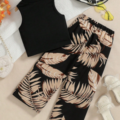 Girls Black Top With Printed Pant Set