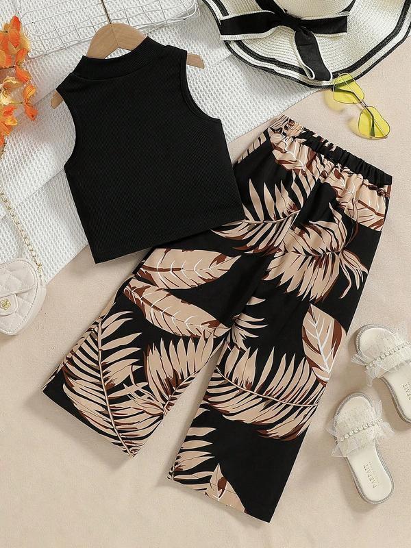 Girls Black Top With Printed Pant Set