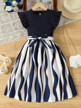 Girls Navy Blue Party Wear Dress with Printed Flared Skirt