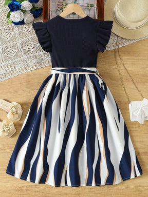 Girls Navy Blue Party Wear Dress with Printed Flared Skirt