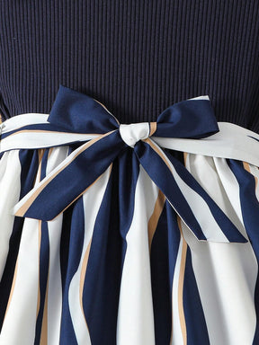 Girls Navy Blue Party Wear Dress with Printed Flared Skirt