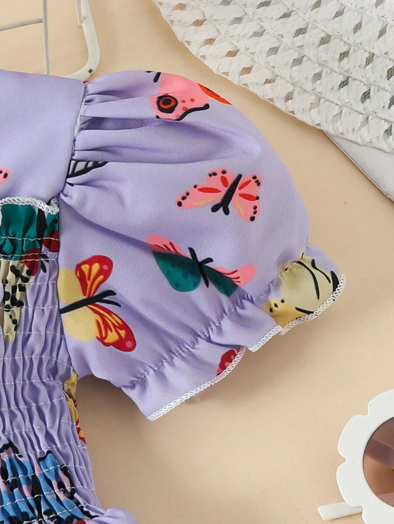 Glamgait Purple Color Butterfly Printed Short Sleeve Kids Dress