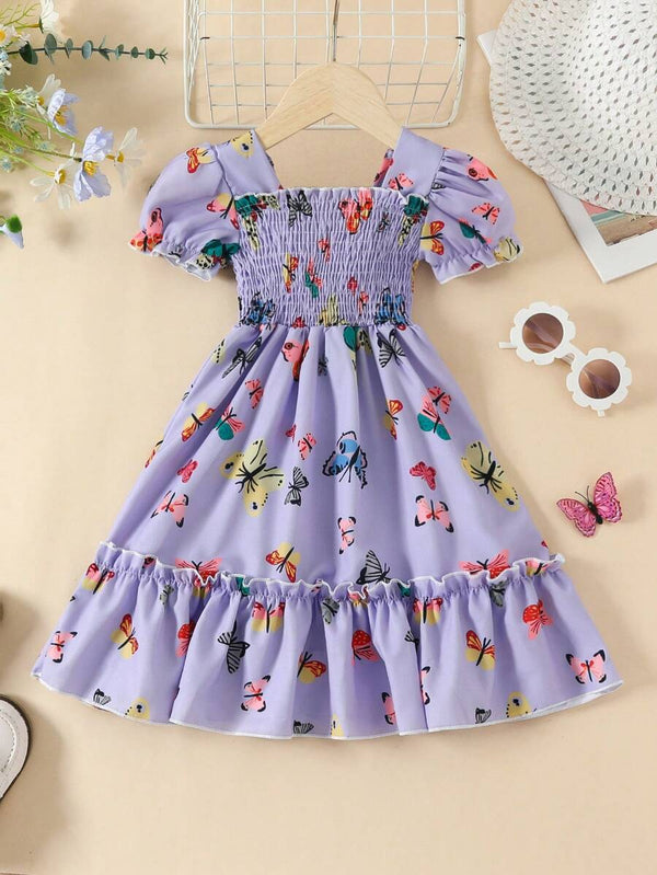 Glamgait Purple Color Butterfly Printed Short Sleeve Kids Dress