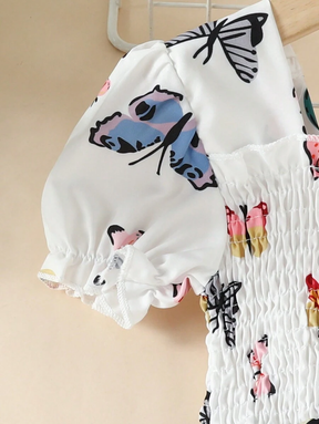 Glamgait Off-White Color Butterfly Printed Short Sleeve Kids Dress