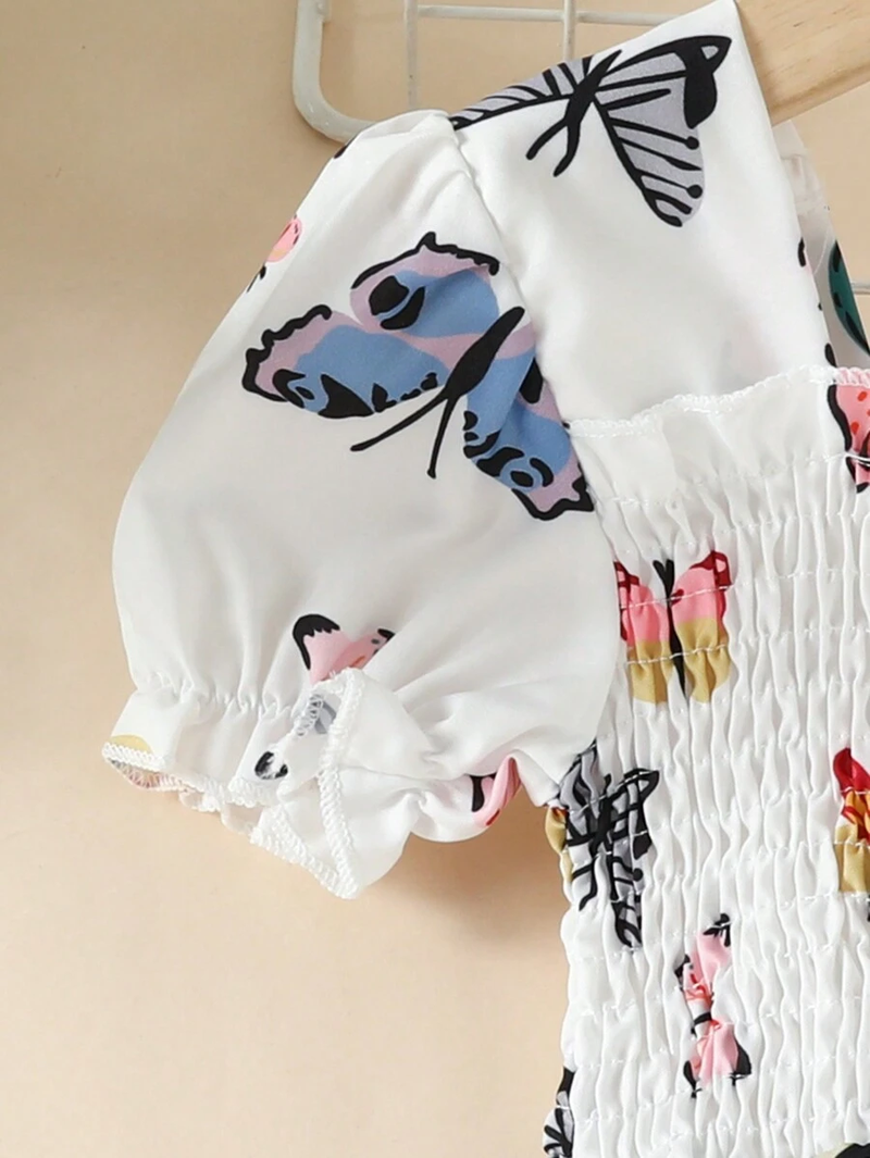 Glamgait Off-White Color Butterfly Printed Short Sleeve Kids Dress