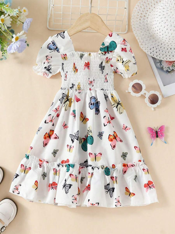 Glamgait Off-White Color Butterfly Printed Short Sleeve Kids Dress