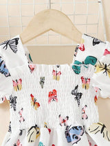 Glamgait Off-White Color Butterfly Printed Short Sleeve Kids Dress