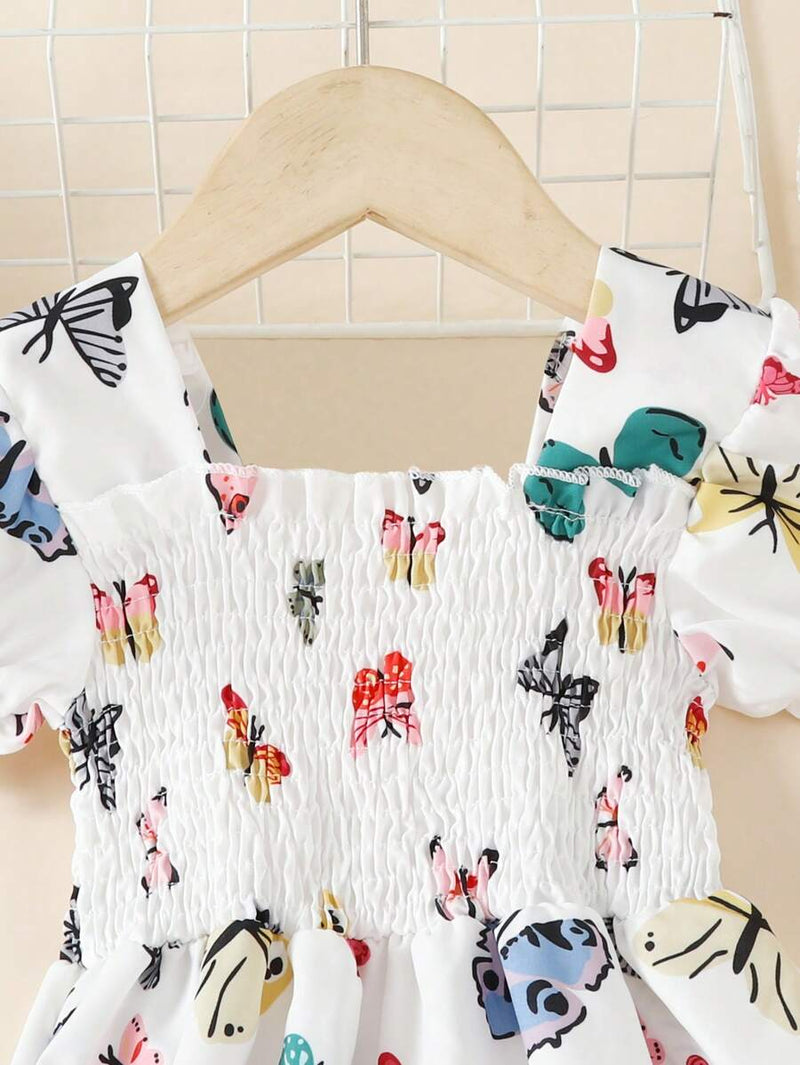 Glamgait Off-White Color Butterfly Printed Short Sleeve Kids Dress
