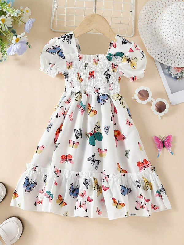 Glamgait Off-White Color Butterfly Printed Short Sleeve Kids Dress