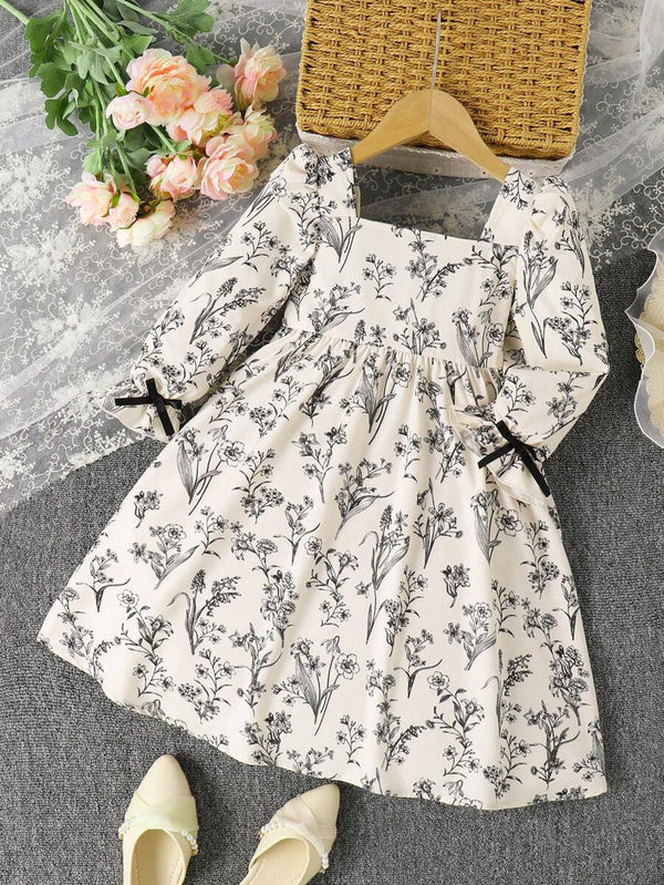 Glamgait Cream Color Floral Printed Full Sleeve Midi Kids Girl's Dress