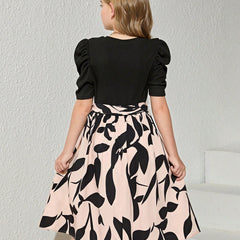 Girls Elegant Black & Beige Floral Print Midi Dress with Puff Sleeves Party Dress