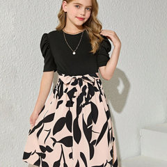 Girls Elegant Black & Beige Floral Print Midi Dress with Puff Sleeves Party Dress
