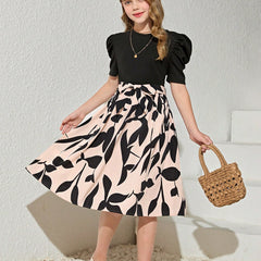 Girls Elegant Black & Beige Floral Print Midi Dress with Puff Sleeves Party Dress