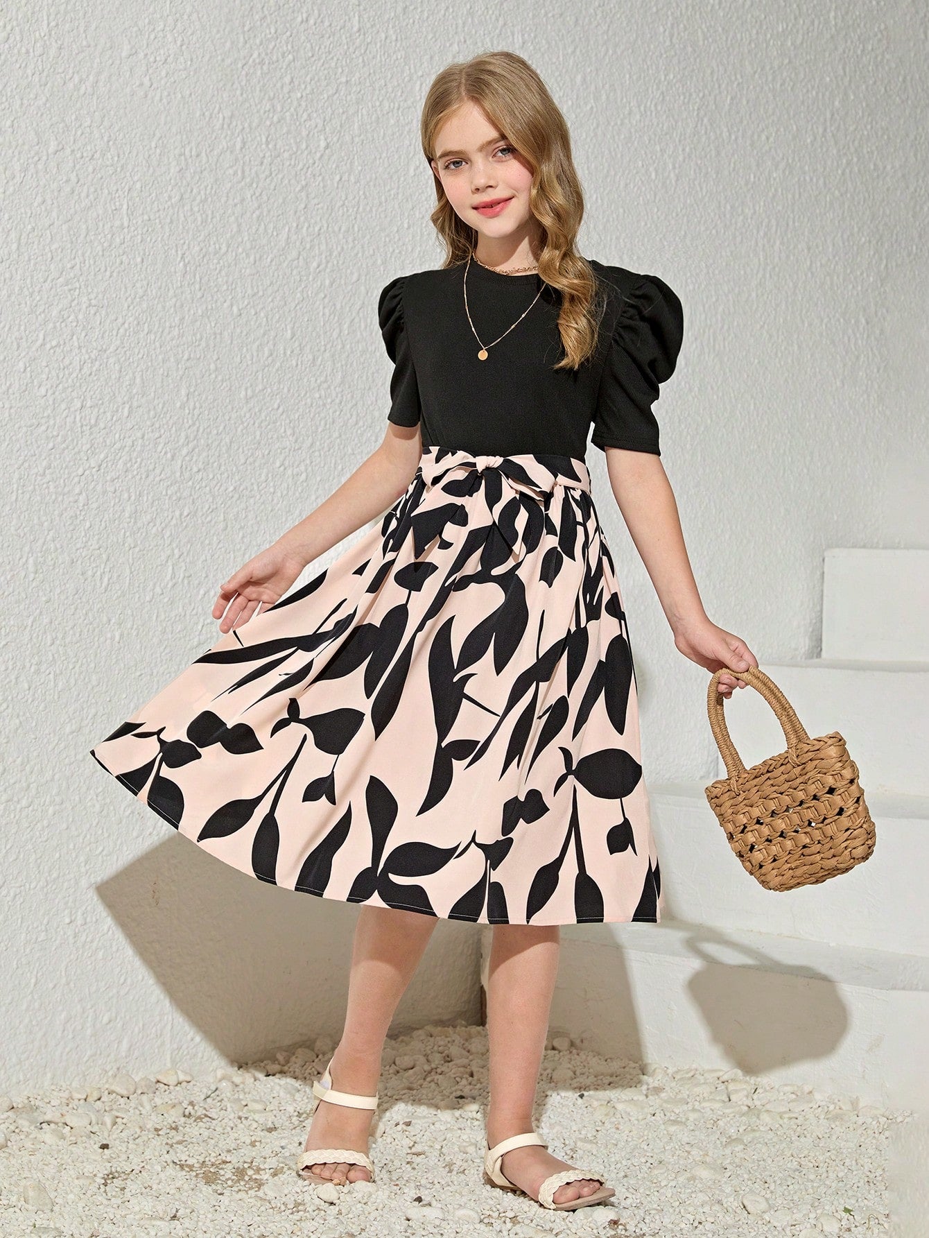 Girls Elegant Black & Beige Floral Print Midi Dress with Puff Sleeves Party Dress