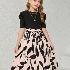Girls Elegant Black & Beige Floral Print Midi Dress with Puff Sleeves Party Dress