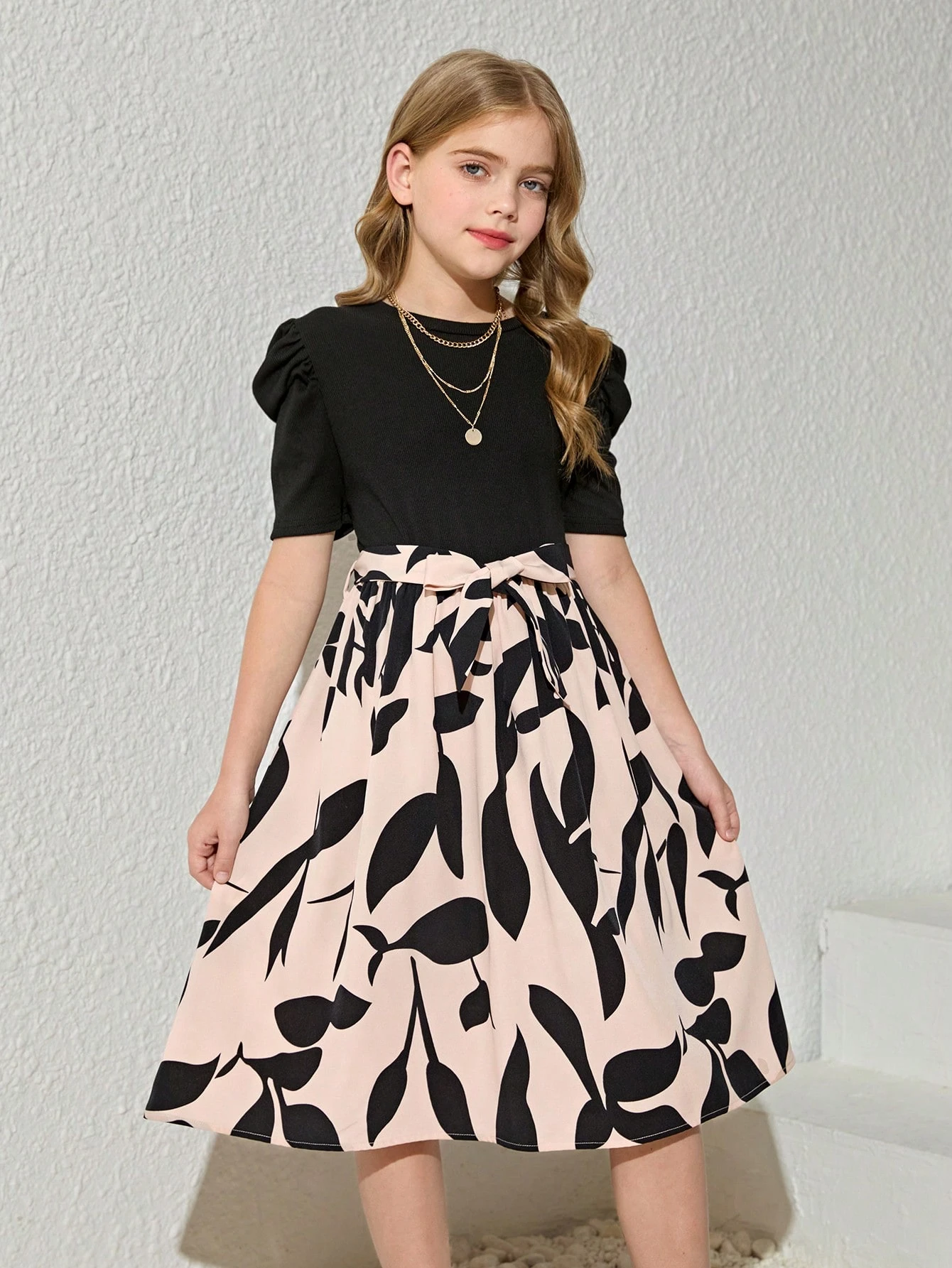 Girls Elegant Black & Beige Floral Print Midi Dress with Puff Sleeves Party Dress