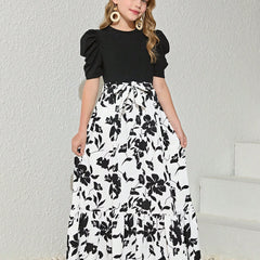Girls Black Puff Sleeve Top with White Floral Maxi Dress
