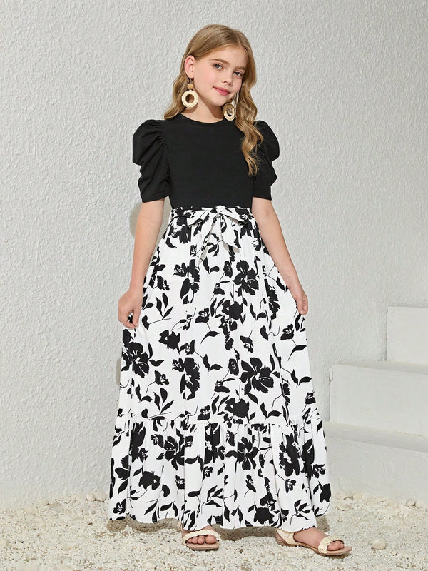 girls black and white dress Girls Black Puff Sleeve Top with White Floral Maxi Dress – Glamgait