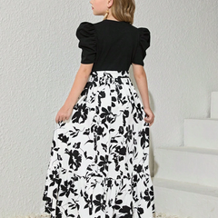 Girls Black Puff Sleeve Top with White Floral Maxi Dress