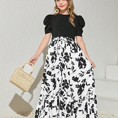Girls Black Puff Sleeve Top with White Floral Maxi Dress