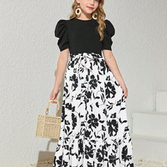 Girls Black Puff Sleeve Top with White Floral Maxi Dress