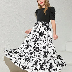 Girls Black Puff Sleeve Top with White Floral Maxi Dress