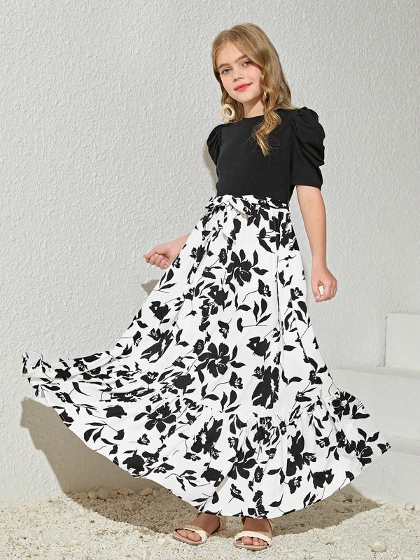 Girls Black Puff Sleeve Top with White Floral Maxi Dress