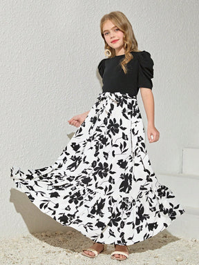 Girls Black Puff Sleeve Top with White Floral Maxi Dress