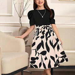 Girls Elegant Black & Beige Floral Print Midi Dress with Puff Sleeves Party Dress