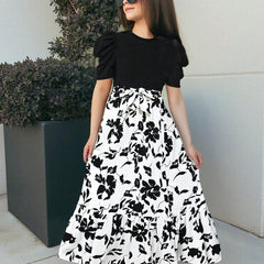 Girls Black Puff Sleeve Top with White Floral Maxi Dress