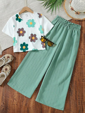 Girls Floral Printed Crop Top with Pleated Wide Leg Pants Co-Ord Set