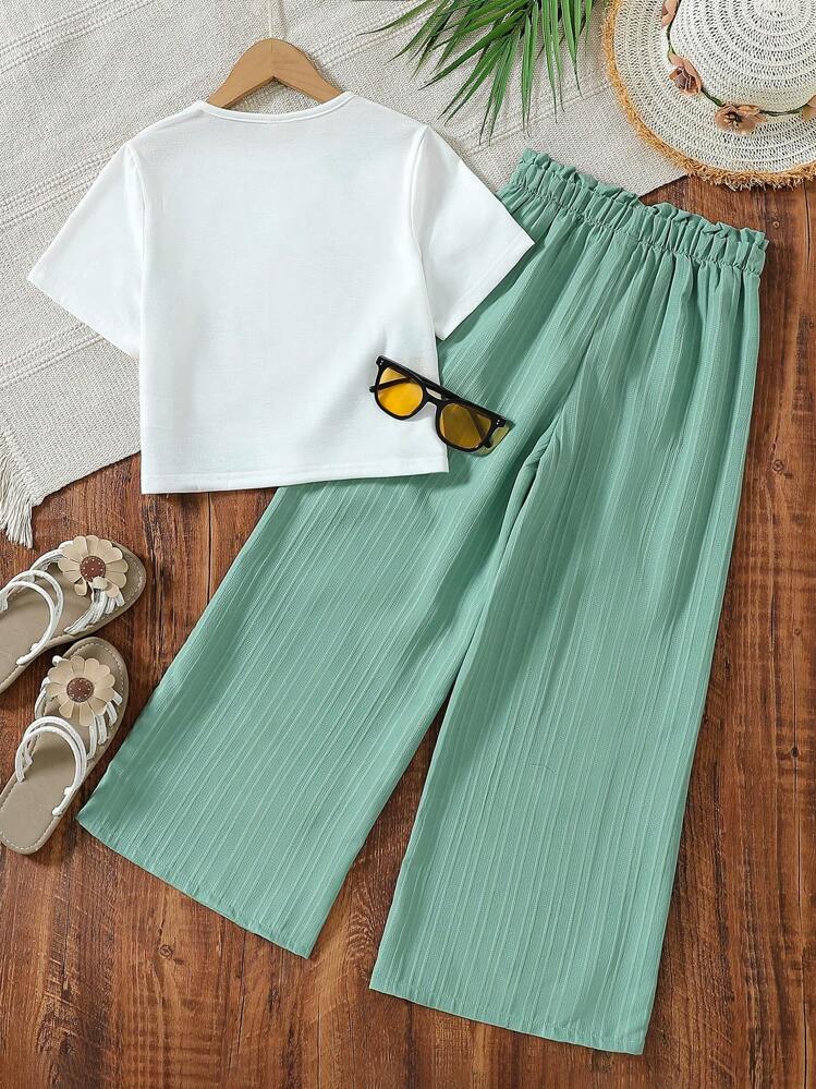 Girls Floral Printed Crop Top with Pleated Wide Leg Pants Co-Ord Set