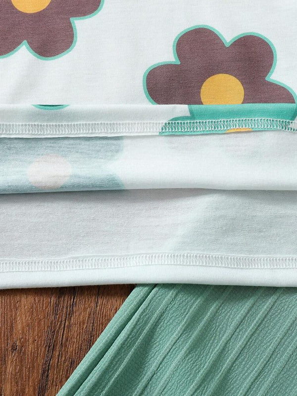 Girls Floral Printed Crop Top with Mint Green Pleated Wide Leg Pants Co-Ord Set