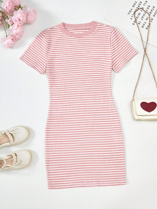 Girls Pink Stripe Bodycon Dress