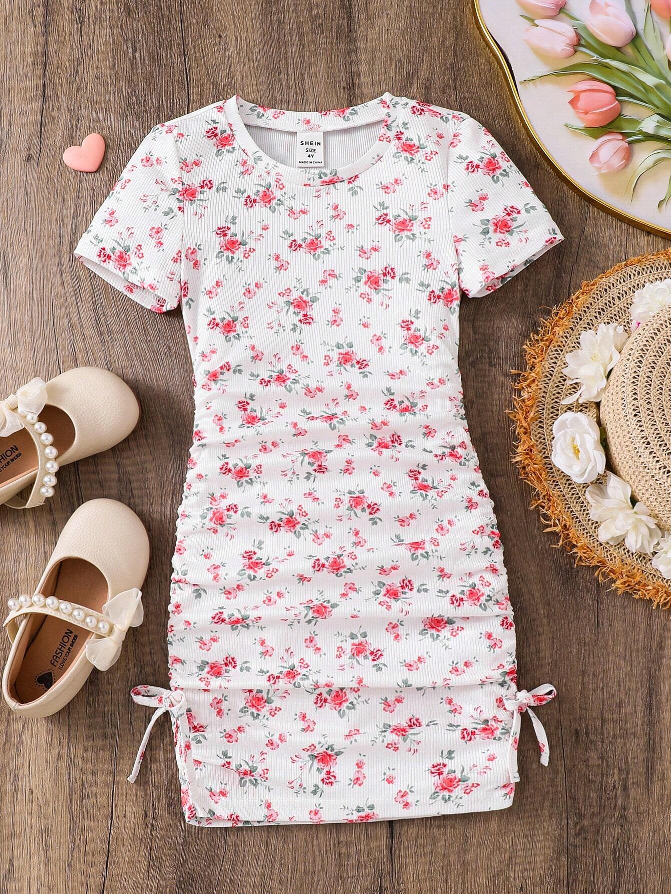 Girls White & Pink Floral Ruched Bodycon Dress