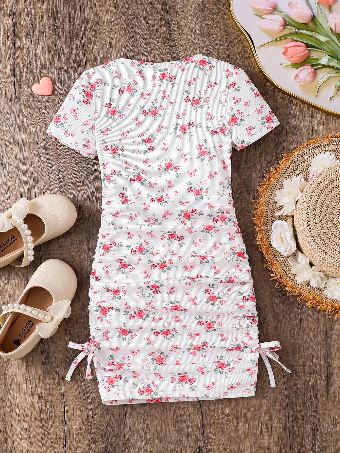 Girls White & Pink Floral Ruched Bodycon Dress