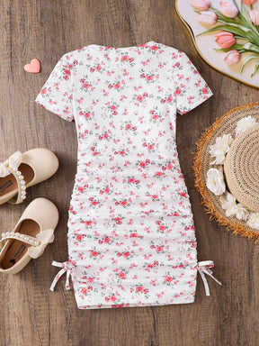 Girls White & Pink Floral Ruched Bodycon Dress